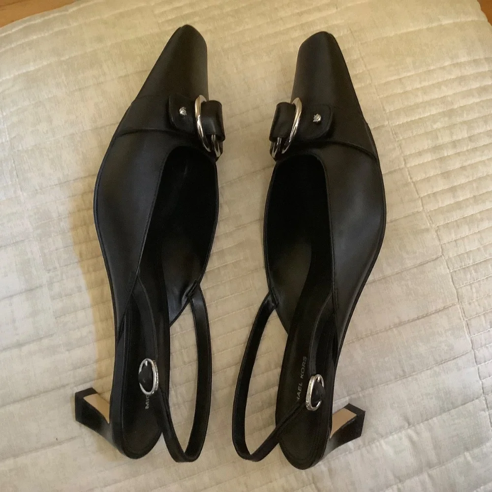 MICHAEL Michael Kors Jaden Leather Kitten Heel Sling Pumps Black SZ 9.5
